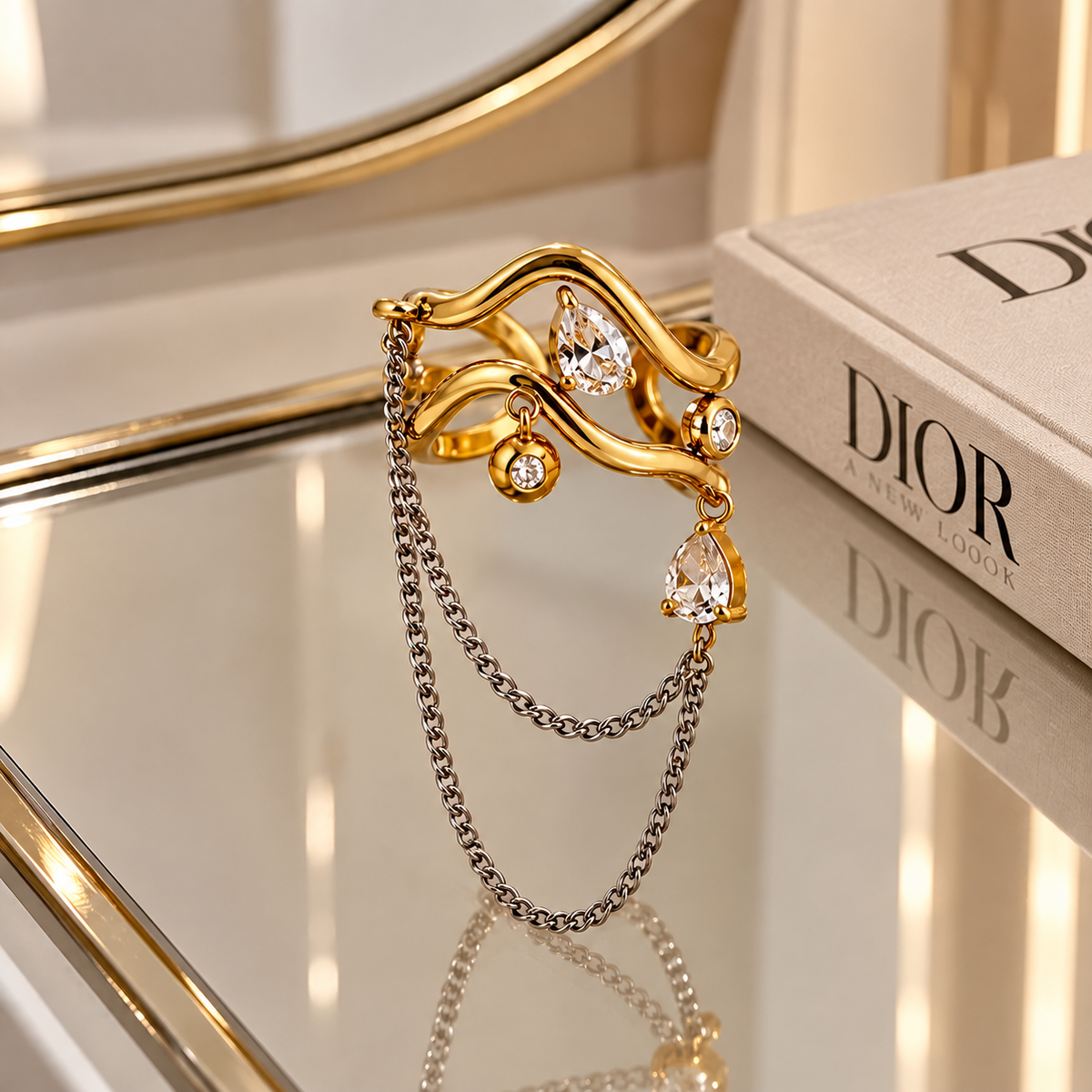 Two-Tone Crystal Chain Ring