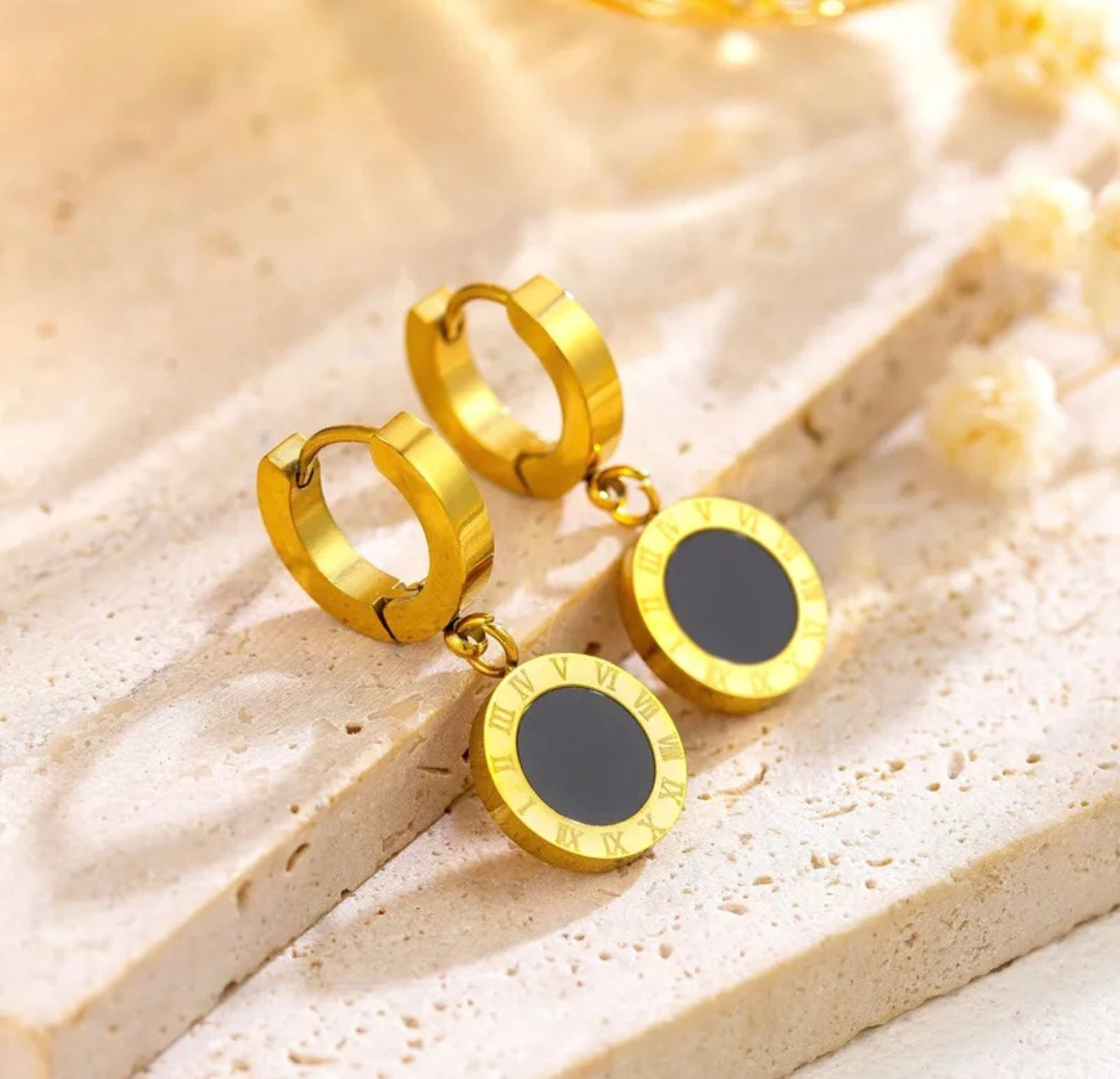 Golden Black Medallion Hoop Earrings