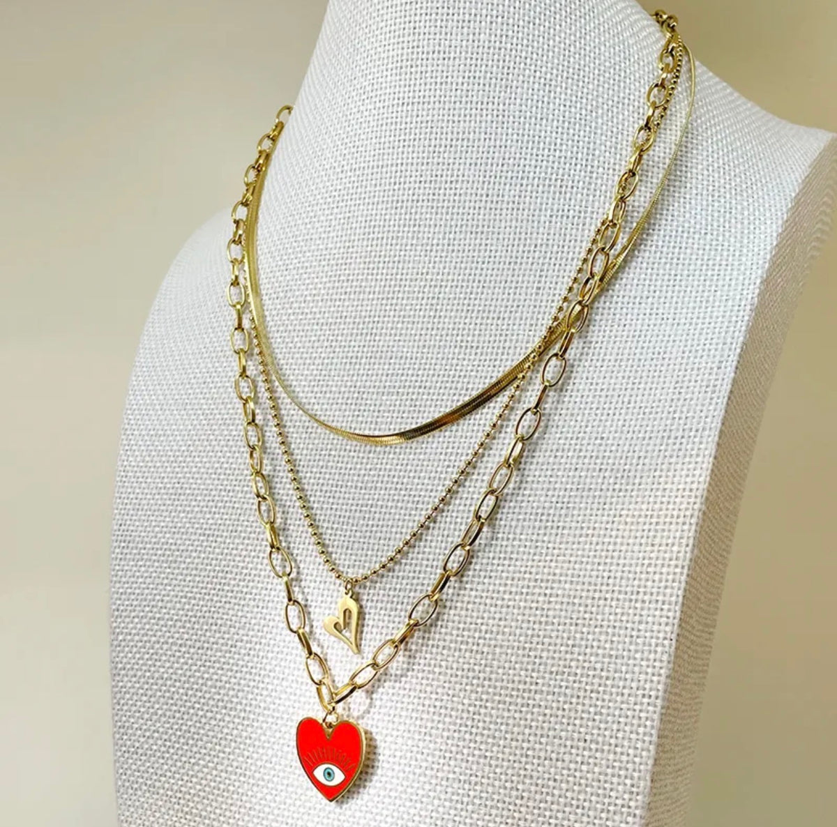 Red Heart Evil Eye Layered Necklace