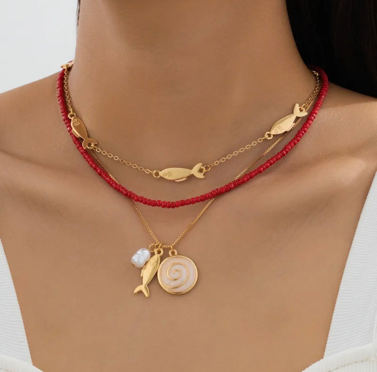 Red Beaded Fish Layered Necklace