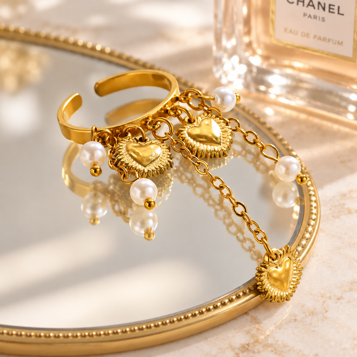 Golden Heart & Pearl Statement Ring