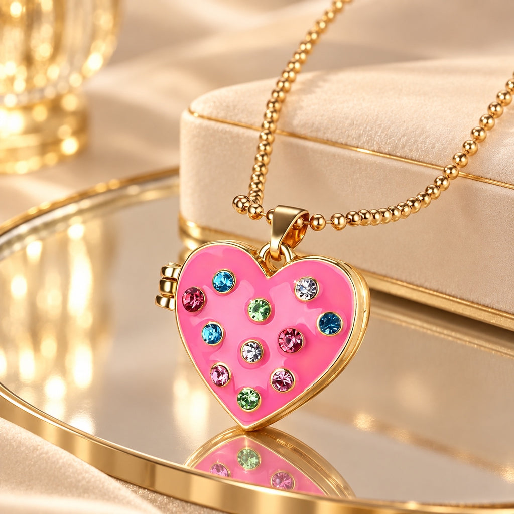 Pink Confetti Heart Locket Necklace