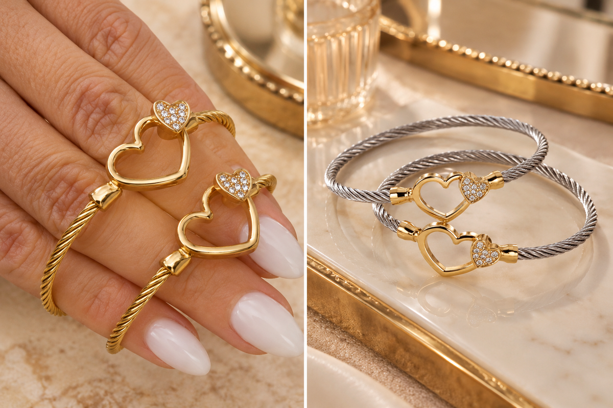 Gold Double Heart Cable Bracelet