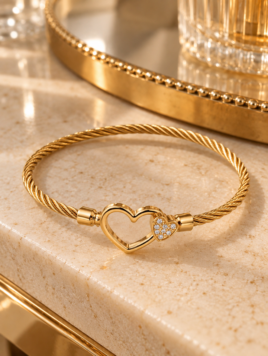 Gold Double Heart Cable Bracelet