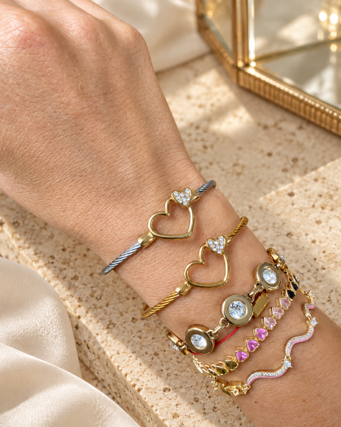 Gold Double Heart Cable Bracelet