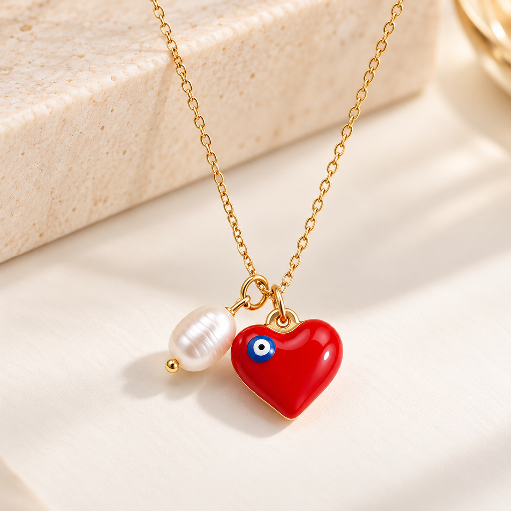 Scarlet Eye Pearl Heart Necklace